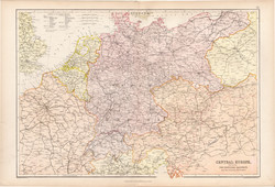 Közép - Európa térkép 1882, eredeti, Blackie, atlasz, vasútvonalak, vasút, határ, Német birodalom