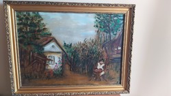 Lány hegedűvel, tanya festmény kartonra 79x62 cm kerettel, szignózott