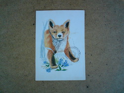 Old graphic postcard - red fox 1976 - graphics: Éva Zombori
