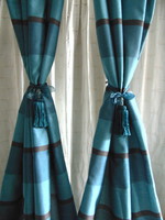 Türkiz zöld / türkiz kék, barna csíkos bélelt függöny pár