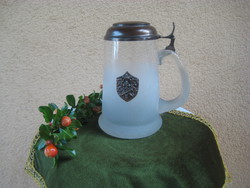 Bavarian beer  stein , red brass fittings   side coat of arms , sand-blasted  glass  0,5 L