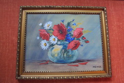 Old signed, very good quality field bouquet still life painting, original carved frame.N.
