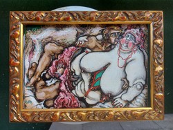 Pajzán, erotikus festmény duci hölggyel, karton, olaj, kb.A4-es méret, 20-21x29-30 cm, keret nélkül!