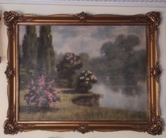 Gyönyörű kastély park, tó, hatalmas Olgyai Viktor stílusú festmény, Blondel keret.Jakab Kàroly