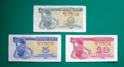 Ukrajna - 3 - 5 és 10 kupon - 1991 – 3 db-os Karbovanec Bankjegy lot