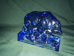 Kék art deco öntött üveg medve