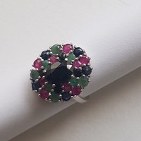 Smaragd, rubin és zafír köves ezüst gyűrű
