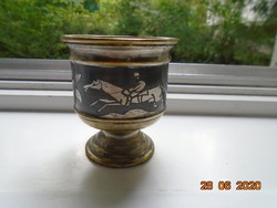 Antique niello, inlaid, once silver-plated equestrian floral patterned copper chalice