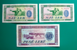 ALBÁNIA -  1 Lek és 5 Leke bankjegy - 1976 – 3 db-os bankjegy lot