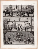 Európa népei, metszet 1849 (158), német, Brockhaus, Heck, eredeti, sport, torna, akrobatika, cirkusz
