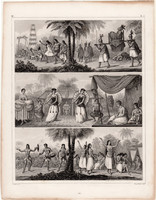 Óceánia népei, metszet 1849 (311), német, Brockhaus, eredeti, Új - Zéland, temetés, tánc, szigetek