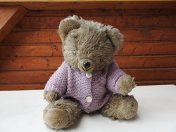 Old teddy bear in a cardigan