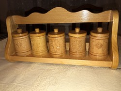 Fa Fűszertartó Polc, 5 darab tégellyel