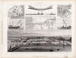 Szuezi - csatorna, Marseille kikötő, egyszín nyomat 1875 (20), német, Brockhaus, eredeti, daru, hajó