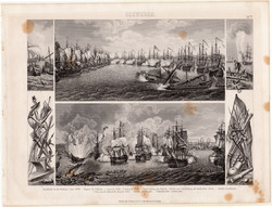 Tengeri csata, egyszín nyomat 1875 (7), német, Brockhaus, eredeti, hadihajó, fegyver, flotta, hajó