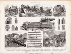 Ágyúk, lövegek, egyszín nyomat 1875 (10), német, Brockhaus, eredeti, ágyú, Krupp, gránát, srapnel