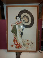 Japán hölgy kimonóban, 46x68 cm+keret, tusrajz/festmény vászonra/selyemre