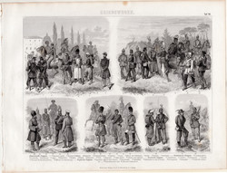 Francia, angol, orosz, német katonák, egyszín nyomat 1875 (18), német, Brockhaus, eredeti, észak