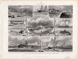 Mentés és halászat, egyszín nyomat 1875 (19), német, Brockhaus, eredeti, mentőbója, csónak, hajó