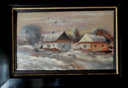 Signed by Medgyánszky, winter twilight on the farm