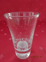 Pálinkás üvegpohár, Zwack Unicum felirattal, magassága 8,7 cm. Vanneki!