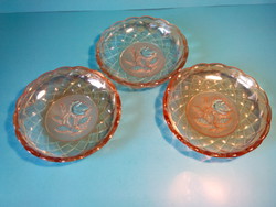 Antik régi vastag falú üveg tányér tálka 3 darab együtt mélyen csiszolt virág mintával