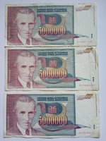 Jugoszlávia 5 millió  Dínár 1993  !  ( 3 darab !!! )