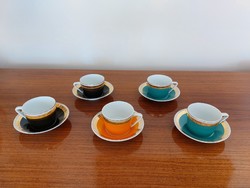 Retro Hollóházi porcelán kávés csésze régi színes mokkás 5 db