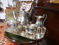 Gyönyörű, NEWHALL, csillogó felületű, ezüstözött tea vagy kávé szervírozó készlet, Berndorf tálcán