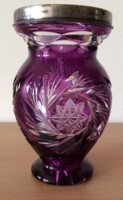 Amethyst purple crystal vase with silver rim