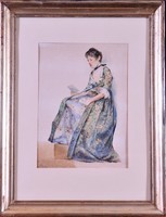 Egy fiatal hölgy ülő portréja, akvarell, 1890es évek