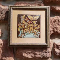 Zsolnay: mural 29x29 cm, eosin, butterfly still life, brand and sign, factory picture frame