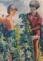 Dirmayer Mariann: Fiú és lány a természetben - Vörösberény, 1960 (kerettel, akvarell papíron)