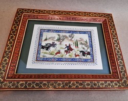 Tradicionális perzsa csontlapra festett vadász témájú miniatúra