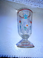 Glass cup with thick-walled base with enamel-painted flower pattern