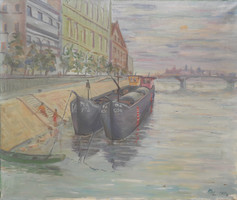 "B.L. 1976" jelzéssel: Hajók a partnál (olaj, vászon, 60x50 cm) panoráma a folyó partjáról, városkép