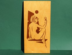 Mid-century modern minimalista stílusú falikép 1960-as évek intarziás kép női akt pezsgőspohárral