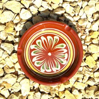 Hand-painted, folk motif, ceramic, glazed ashtray in perfect condition