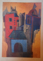 Color lithography of János Aknay's handmade paper, 23x32.5 cm, signed now cheaper