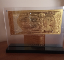 24 kt arany bankó talpas tartóban, certifikációval