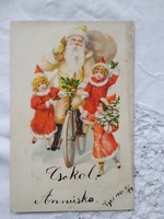 Antik, szecessziós, hosszúcímzéses képeslap, Mikulás/Télapó biciklin, kislányok, fenyőfa 1901