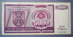 Horvátország Krajinai Szerb Köztársaság 5.000 Dinara 1992 F-