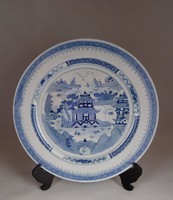 1F755 Jelzett kék-fehér nagy méretű kínai porcelán kézzel festett dísztál 36.3 cm