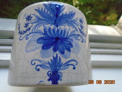 Hand painted cobalt blue floral patterned lidded vase with cracked glaze with artist's monogram