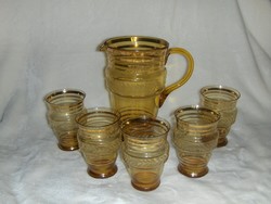 Antik arany díszítésű borostyán üveg italos kancsó pohár készlet (3/K)