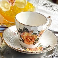Antik angol fajansz rózsás csésze és csészealj