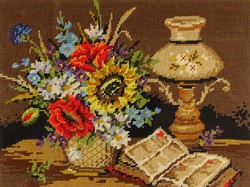 1F931 Asztali virágcsendélet könyvvel keretezett gobelin 44 x 54 cm