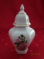 Hollóházi porcelán fedeles váza, rózsaszín virágos, magassága 14 cm. Vanneki!