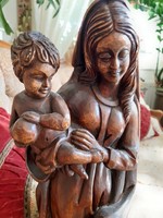 Antik 1900as évekból Mária a kisJézussa faragott fa szobor .jelzett.56x20x15cm