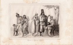 Magyar parasztok, acélmetszet 1842, francia, eredeti, metszet, 10x15, Magyarország, viselet, paraszt